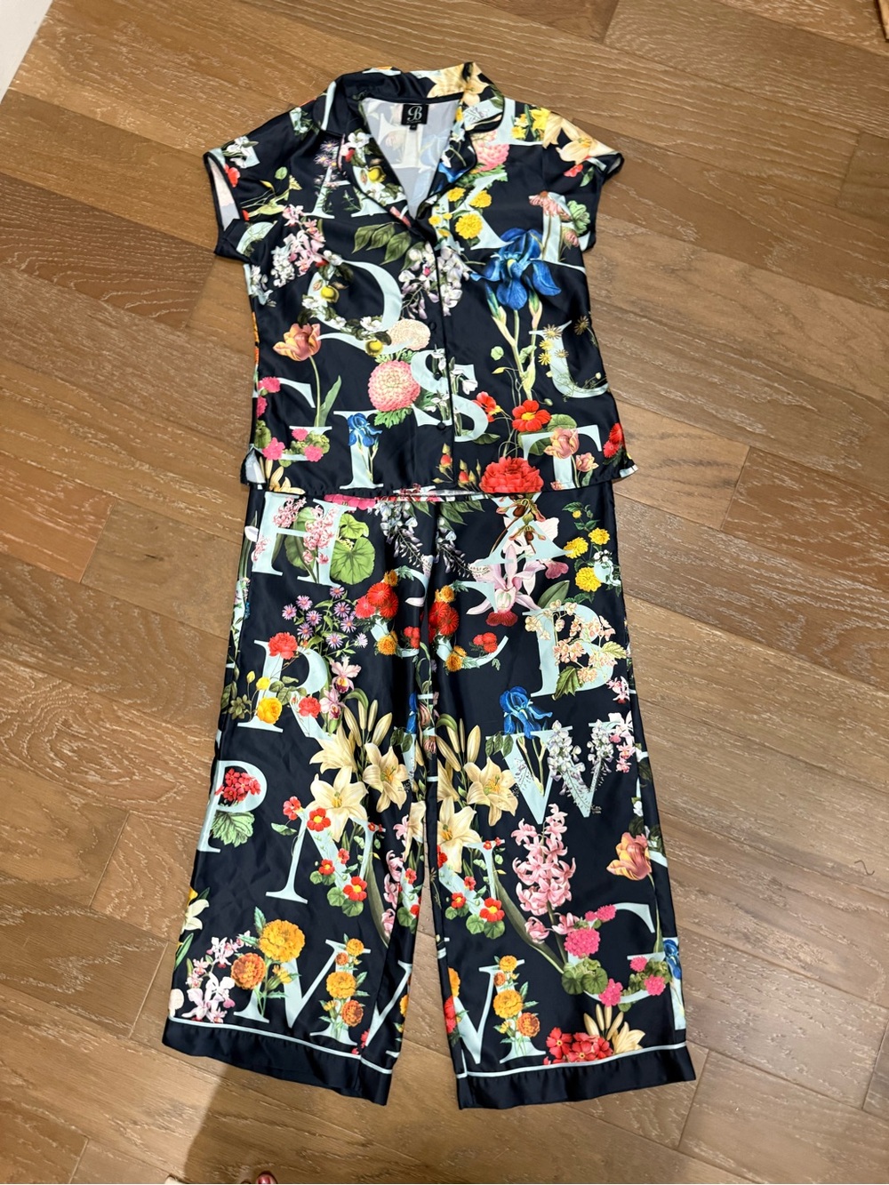 Ted Baker Black Floral & Letter-Print Short-Sleeve Pajama Set